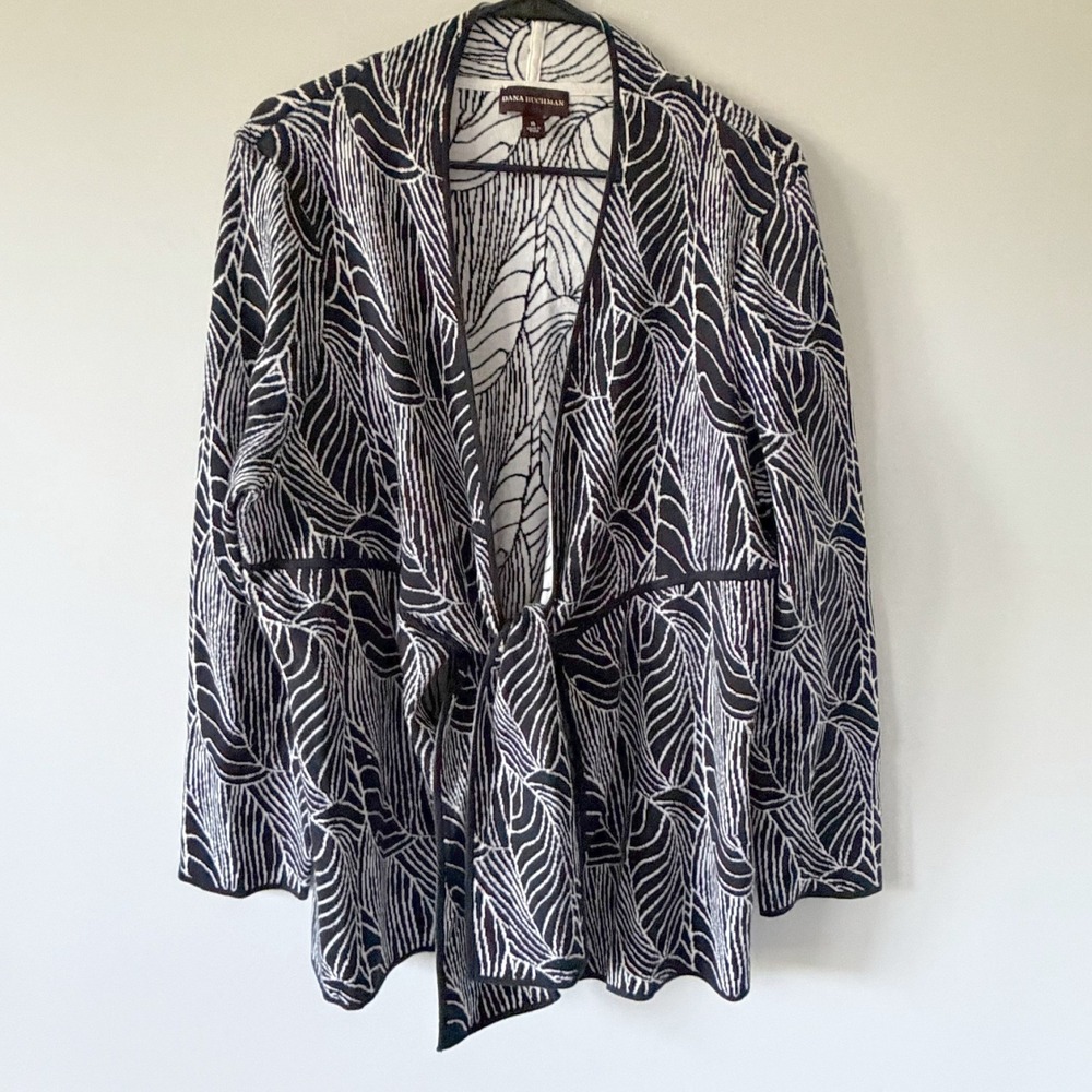 Dana Buchman Cardigan Sweater Womens XL Black White Abstract Leaf Tie Front Knit